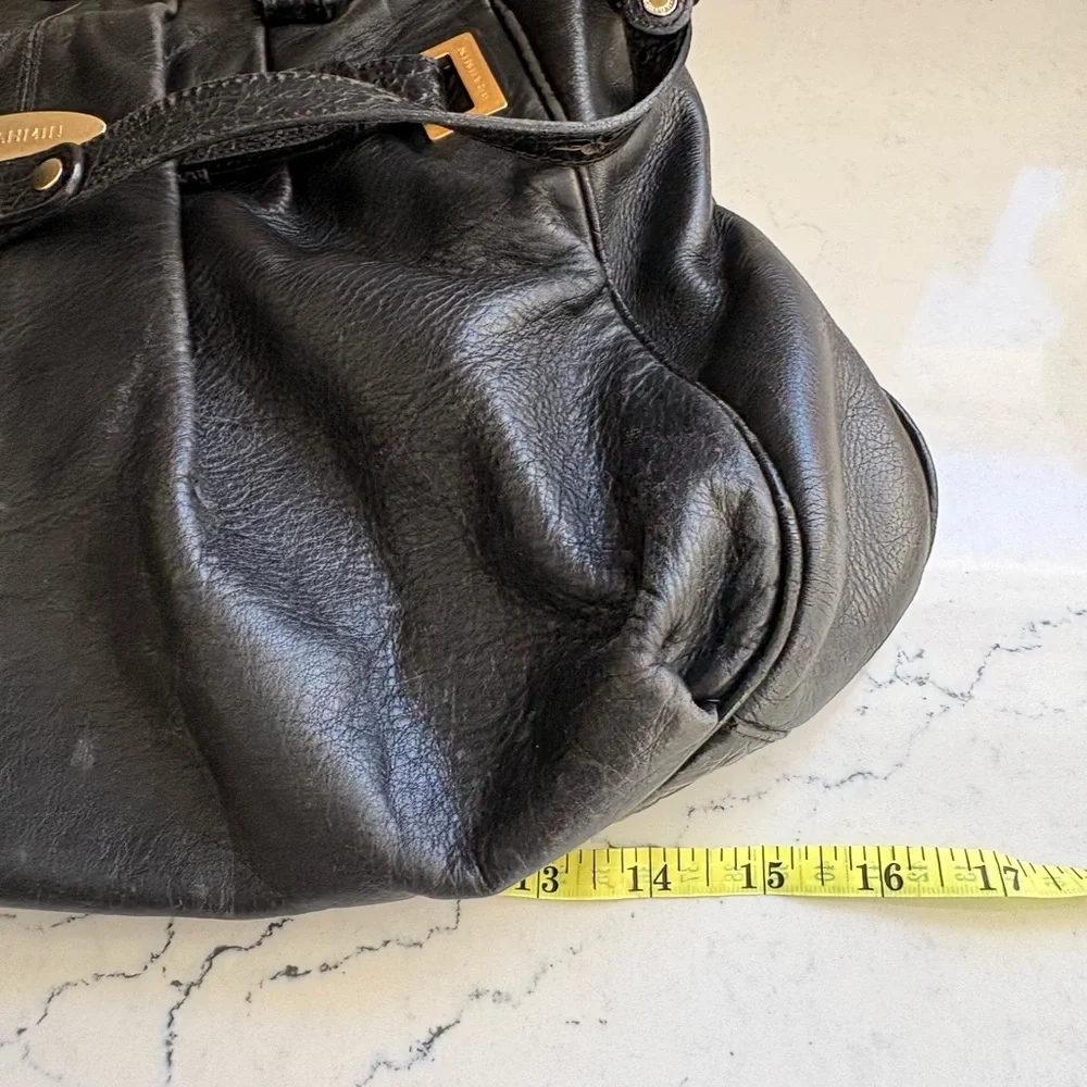 Brahmin Black Leather Pebble Croc Embossed Shoulder Tote Bag Gold Double Handles
